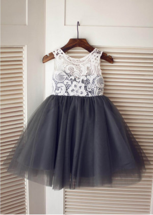 Ivory Lace Dark Gray Tulle Knee Length Flower Girl Dress